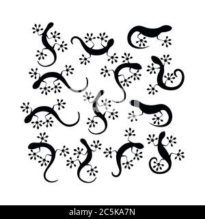Lizard climbing balck silhouette icon set isolated on white background. Stock Vector