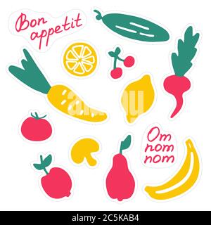 Set of stickers of delicious food. Variety of dishes. Hand-drawn icons. Inscription Bon appetit. Stock Vector