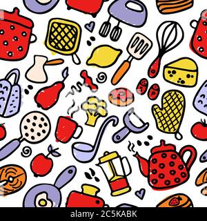 Big set of kitchen items. Doodle icons of kitchen appliances, devices for cooking, products and dishes. Hand drawn seamless pattern. Stock Vector