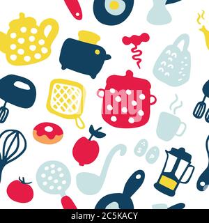 Doodle icons set of kitchen appliances and objects. Hand-drawn cooking items. Household appliances and housewares. Seamless pattern. Stock Vector