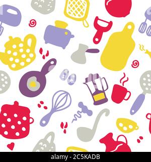 Big set of kitchen items. Doodle icons of kitchen appliances, devices for cooking, products and dishes. Hand drawn graphic. Seamless pattern. Stock Vector
