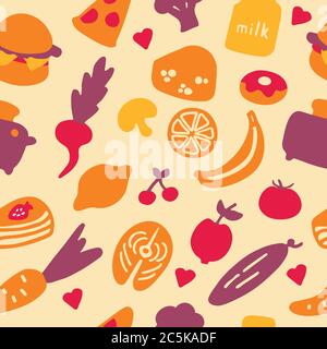 A hand-drawn set of food and dishes. Doodle collection of meal. Seamless pattern. Stock Vector
