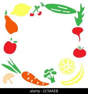 Hand drawn icon set. Pear cherry broccoli tomato carrot cucumber apple beet lemon banana mushroom. Frame of vegetables and fruits Stock Vector