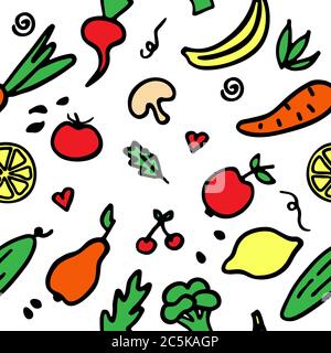 A hand-drawn set of fruits and vegetables. Doodle collection of food. Seamless pattern. Stock Vector
