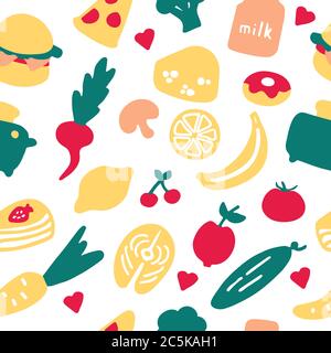 A hand-drawn set of food and dishes. Doodle collection of meal. Seamless pattern. Stock Vector