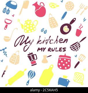 Doodle icons set of kitchen appliances and objects. Hand-drawn cooking items. Household appliances and houseware. Stock Vector