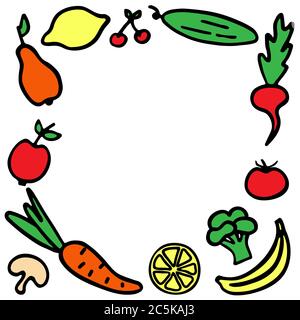Hand-drawn fruit frame. A set of vegetables icons. Stock Vector