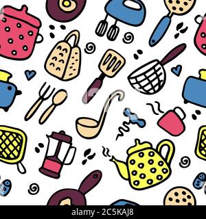 Doodle icons set of kitchen appliances and objects. Hand-drawn cooking items. Household appliances and housewares. Seamless pattern. Vector Stock Vector