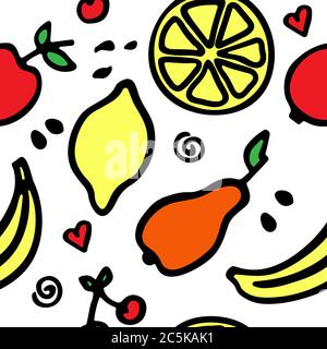 A hand-drawn set of fruits. Doodle collection of food. Seamless pattern. Vector Stock Vector
