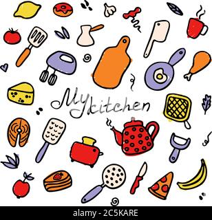 Hand-drawn set of kitchen items. Doodle icons of kitchen appliances, devices for cooking, products and dishes. Stock Vector