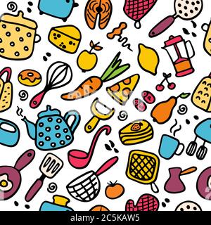 Big set of kitchen items. Doodle icons of kitchen appliances, devices for cooking, products and dishes. Hand drawn seamless pattern Stock Vector
