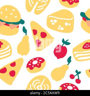 Hand-drawn cake donut cheese burger pear cherry salmon steak. Seamless pattern. Stock Vector