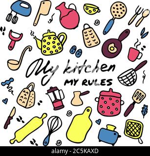 Big set of kitchen items. Doodle icons of kitchen appliances, devices for cooking. Hand drawn graphic. Stock Vector
