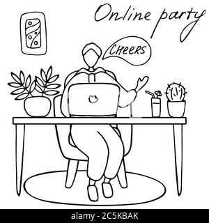 Man talking to friends online. Date on Internet. Online party, family event. Doodle vector illustration Stock Vector