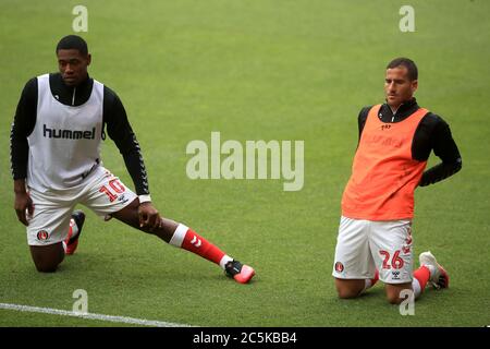 Charlton Athletic's Chuks Aneke (left) and Tomer Hemed warms up prior to the Sky Bet Championship match at The Valley, London. Stock Photo