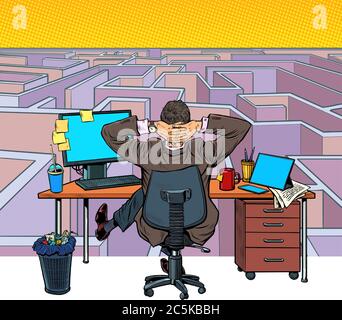 A businessman reflects on a difficult task. Maze Stock Vector