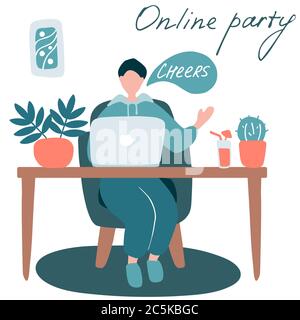 Man talking to friends online. Date on Internet. Online party, family event. Doodle flat vector illustration Stock Vector