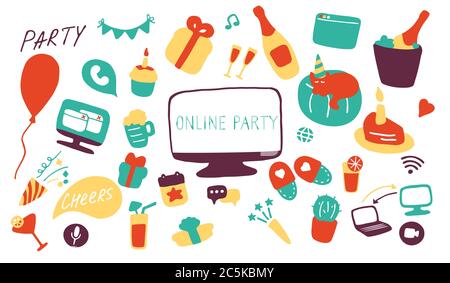 Online party icon set. Doodle celebration signs. Hand drawn flat vector illustration Stock Vector