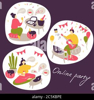 Online party concept. People communicate online, celebrate holidays, make dates. Modern lifestyle, life on Internet. Flat vector illustration Stock Vector