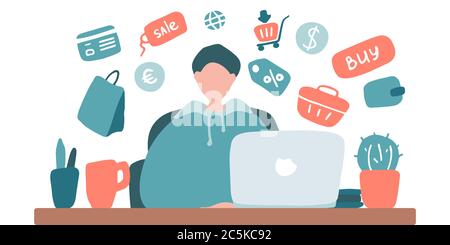Man work and shopping online for the period of quarantine. Person can not leave home and order food and goods in online store Stock Vector