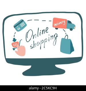Online shopping concept. Online purchases from home. Process of buying and delivering goods. Vector flat design Stock Vector