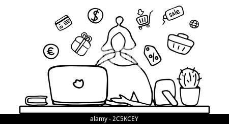 Woman online shopping from home during Quarantine. Stay at home, self-isolate concept. Online purchases from home during pandemic. Vector doodle Stock Vector
