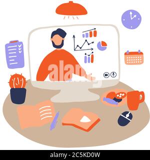 Man character is giving online business lecture. Online courses, digital and distance teaching and learning concept. Workplace for remote work and e Stock Vector
