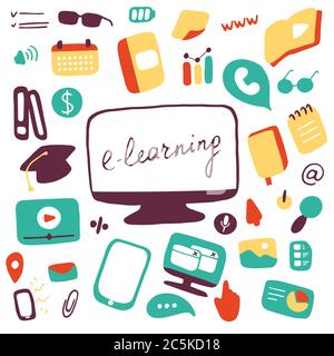 E-learning icon set. Online education symbols. Flat vector illustration Stock Vector