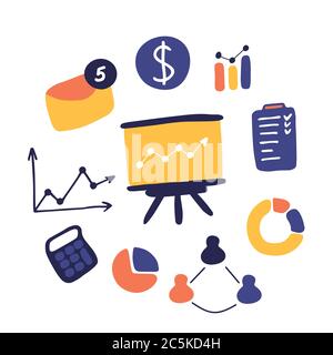 Business hand drawn icons. Doodle graph and chart, letter, to-do list, calculator. Vector flat illustration Stock Vector