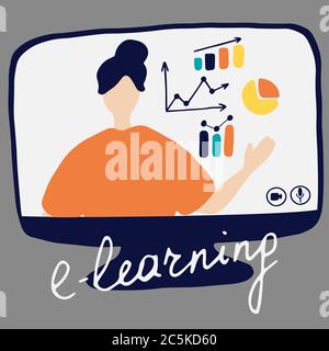 Online teacher explains the charts on monitor. Vector flat illustration for online education, learning, e-learning concept Stock Vector