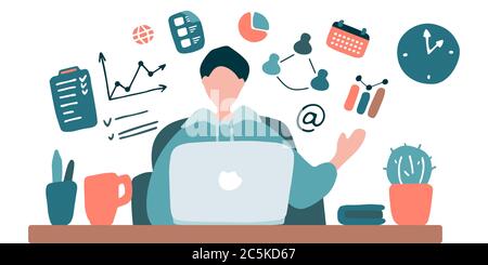 Man teaches online. Blogger is streaming. Guy training online. Online university, video conference, remote work, e-learning concept. Hand drawn flat Stock Vector