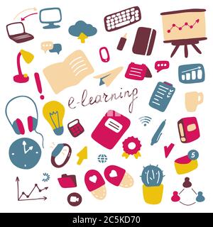 Online education icon set. E-learning symbols. Flatvector illustration Stock Vector