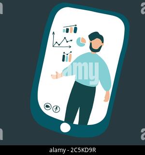 Vector flat illustration of webinar, online conference, lectures and training in internet. Man teaches people to broadcast online. E-learning, video Stock Vector