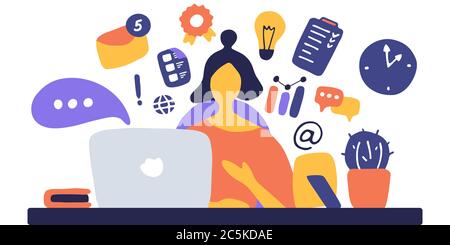 Student female character study at computer. E-learning, online education, blogger, volunteer concept. Hand drawn vector illustration Stock Vector