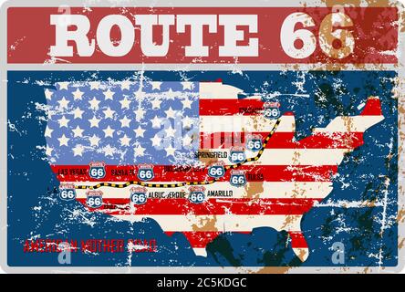 Route 66 sign,distressed grungy roadsign, retro style, vector  illustration Stock Vector