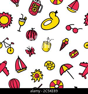 Colorful summer seamless pattern with hand drawn elements Stock Vector