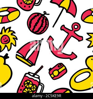Summer seamless pattern. Colorful background with hand drawn elements. Bright collection for print and digital. Stock Vector