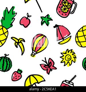 Hand drawn doodle summer seamless pattern Vector illustration Sketchy summer holiday elements collection Isolated vacation objects Cartoon summer Stock Vector