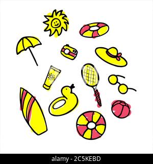 Summer collection. Hand drawn icon set. Sticker pack for print and digital Stock Vector
