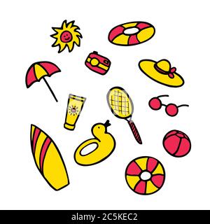 Summer collection. Hand drawn icon set. Sticker pack for print and digital Stock Vector