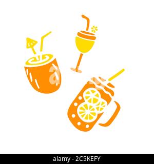 Summer collection. Hand drawn icon set with coconut and coctails. Sticker pack for print and digital. Stock Vector