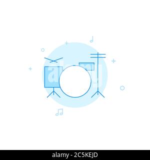 Drums, drum kit, drummer vector icon. Flat illustration. Filled line style. Blue monochrome design. Editable stroke. Adjust line weight. Stock Vector