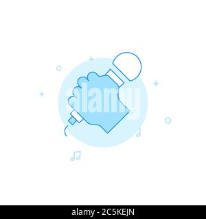 Hand with microphone vector icon. Flat illustration. Filled line style. Blue monochrome design. Editable stroke. Adjust line weight. Stock Vector