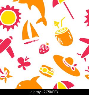 Hand drawn doodle summer seamless pattern Vector illustration Sketchy summer holiday elements collection Isolated vacation objects Cartoon summer Stock Vector