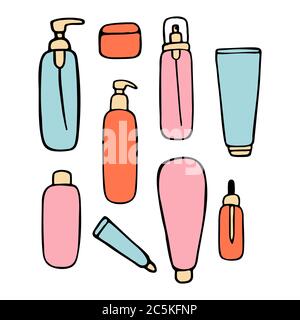 Cosmetic tube bottle container for gel lotion cream,spray. Beauty product package, vector illustration. Hand drawn graphic. Stock Vector