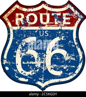 Route 66 sign,distressed grungy roadsign, retro style, vector  illustration Stock Vector