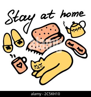 Stay at home inscription. Isolation at home concept. Cozy hand drawn elements. Vector Stock Vector