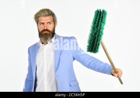 I agree to any work. Businessman hold broom. Financial crisis concept. Global crisis and unemployment. Qualified. Personnel shifts. New responsibilities. Demotion concept. Crisis and unemployment. Stock Photo
