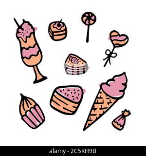 Hand drawn sweets doodle elements set with candies, cupcakes, cookies, chocolates, lollipops and macaroons Stock Vector