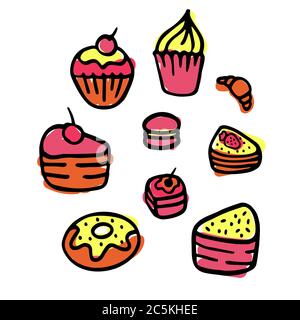 Vector collection of party pastry, cakes and sweets icons. Hand drawn illustration with Cakes and cupcakes. Stock Vector